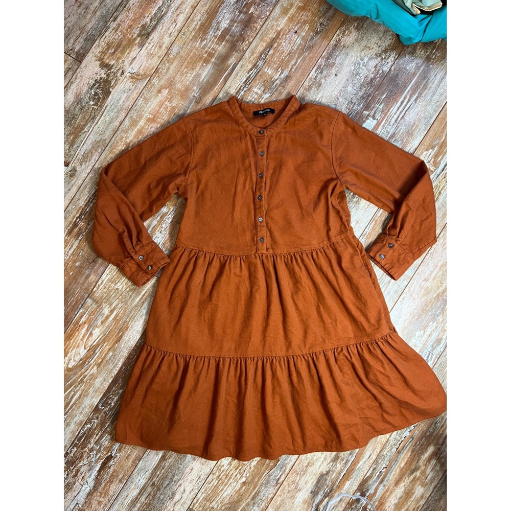 Madewell Womens Rust Orange Cotton Tiered Mini Dress Long Sleeve XS Pocket